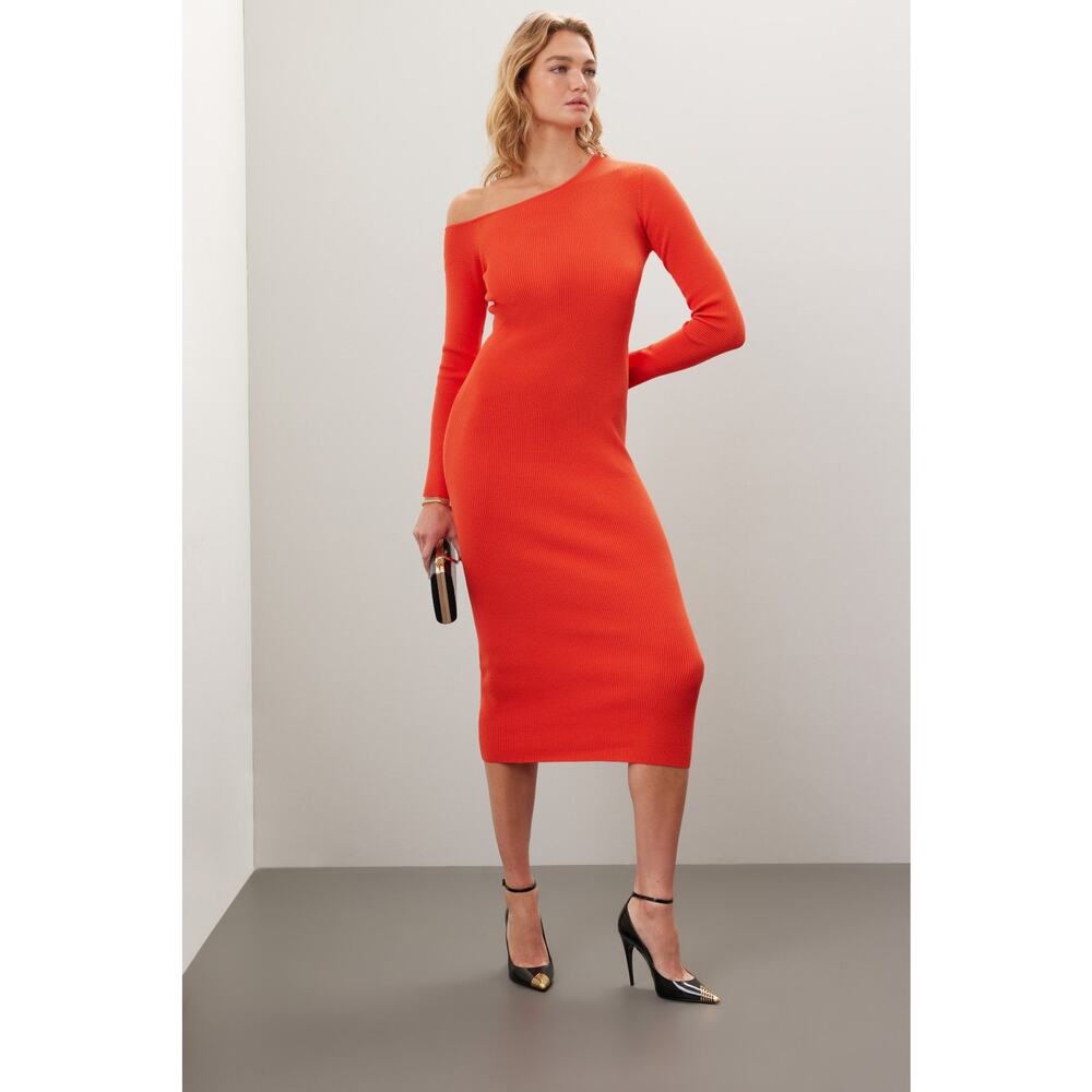 LAPOINTE One Shoulder Rib Knit Orange Midi Designer Dress XS Wedding Vacation